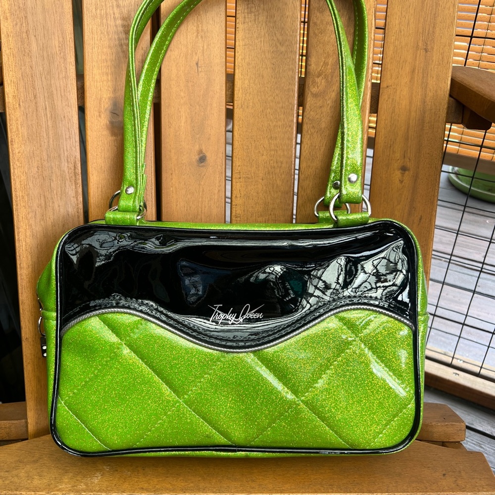 Trophy Queen Lime Green Patent Shoulder Bag with Black Trim